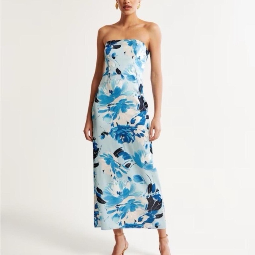 Abercrombie Blue Floral Strapless Maxi Dress with Back Slit & Attachable Straps